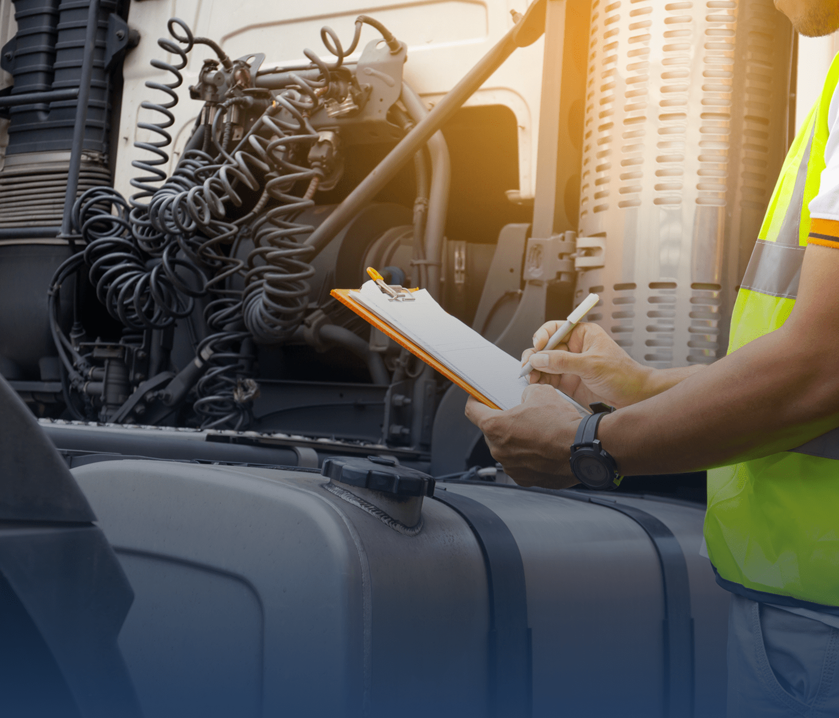 A worker inspects and notes details on a clipboard near heavy machinery.