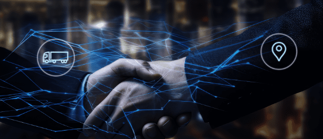 Two hands clasped amidst a digital network overlay symbolizing connection.