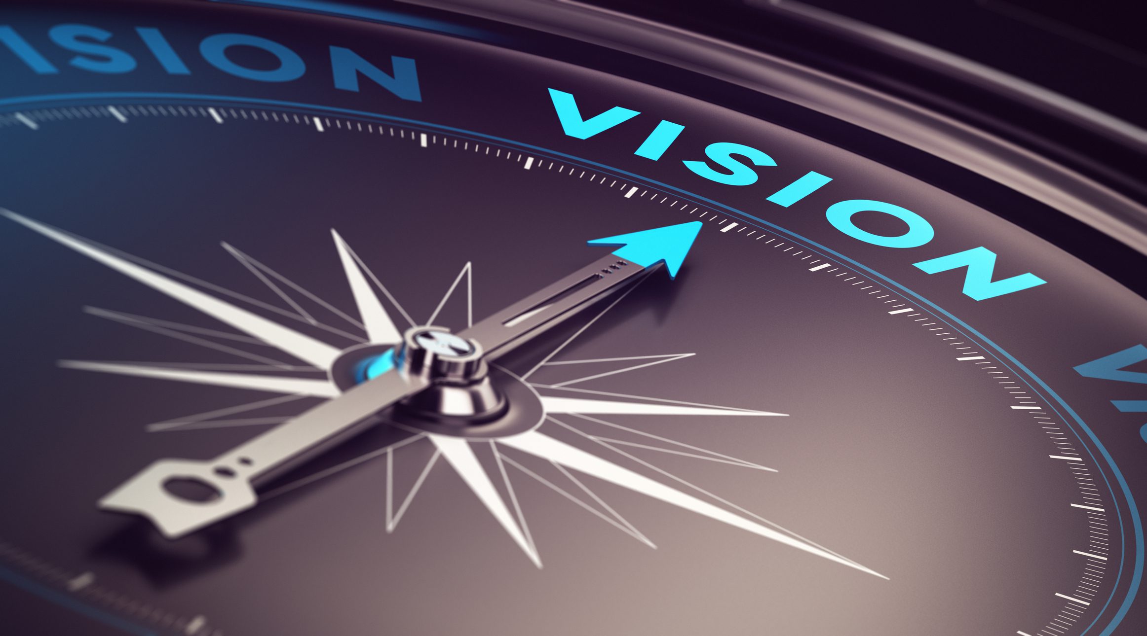 Close-up of a compass needle pointing to the word 'VISION'.