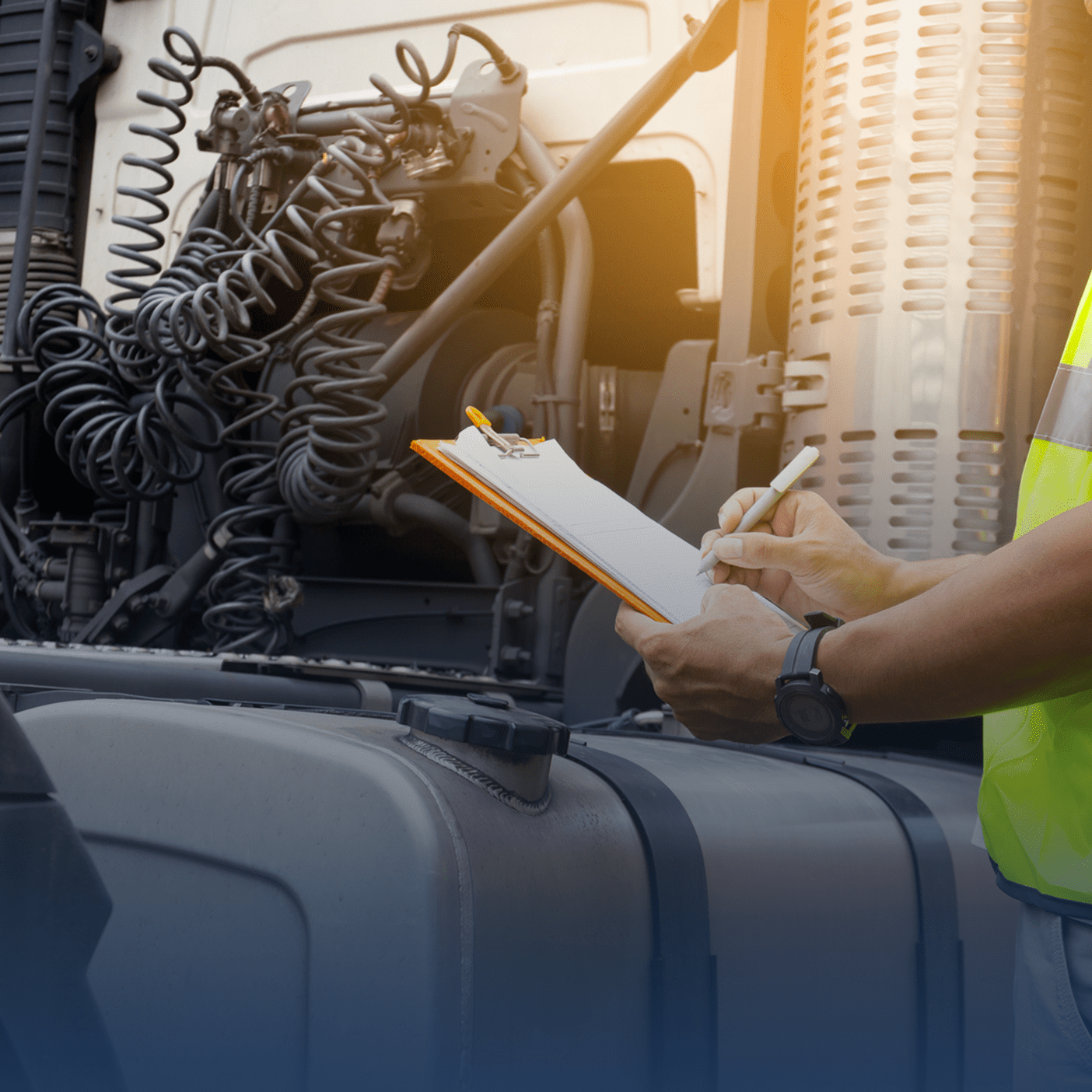 A worker inspects and notes details on a clipboard near heavy machinery.